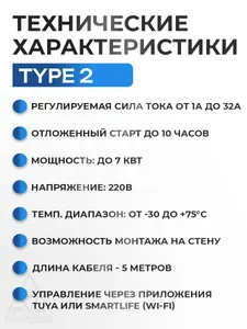 Type-2 зарядное устройство для электромобиля, 32A, 7 кВт, 220В, Wi-Fi 4